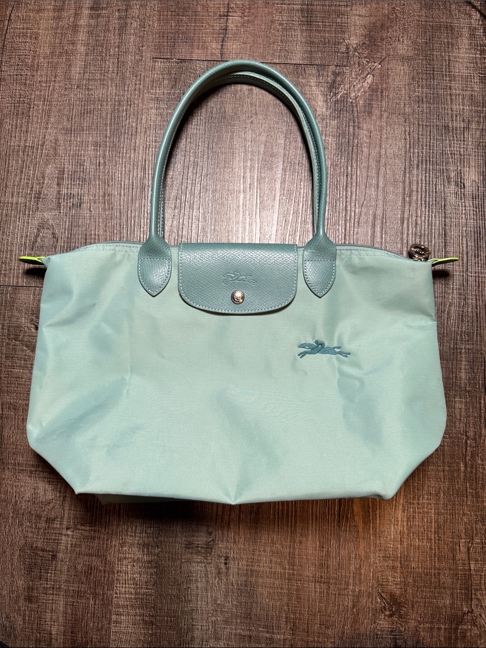 Longchamp Large Mint Green Le Pliage Top-Handle Tote with Leather Trim